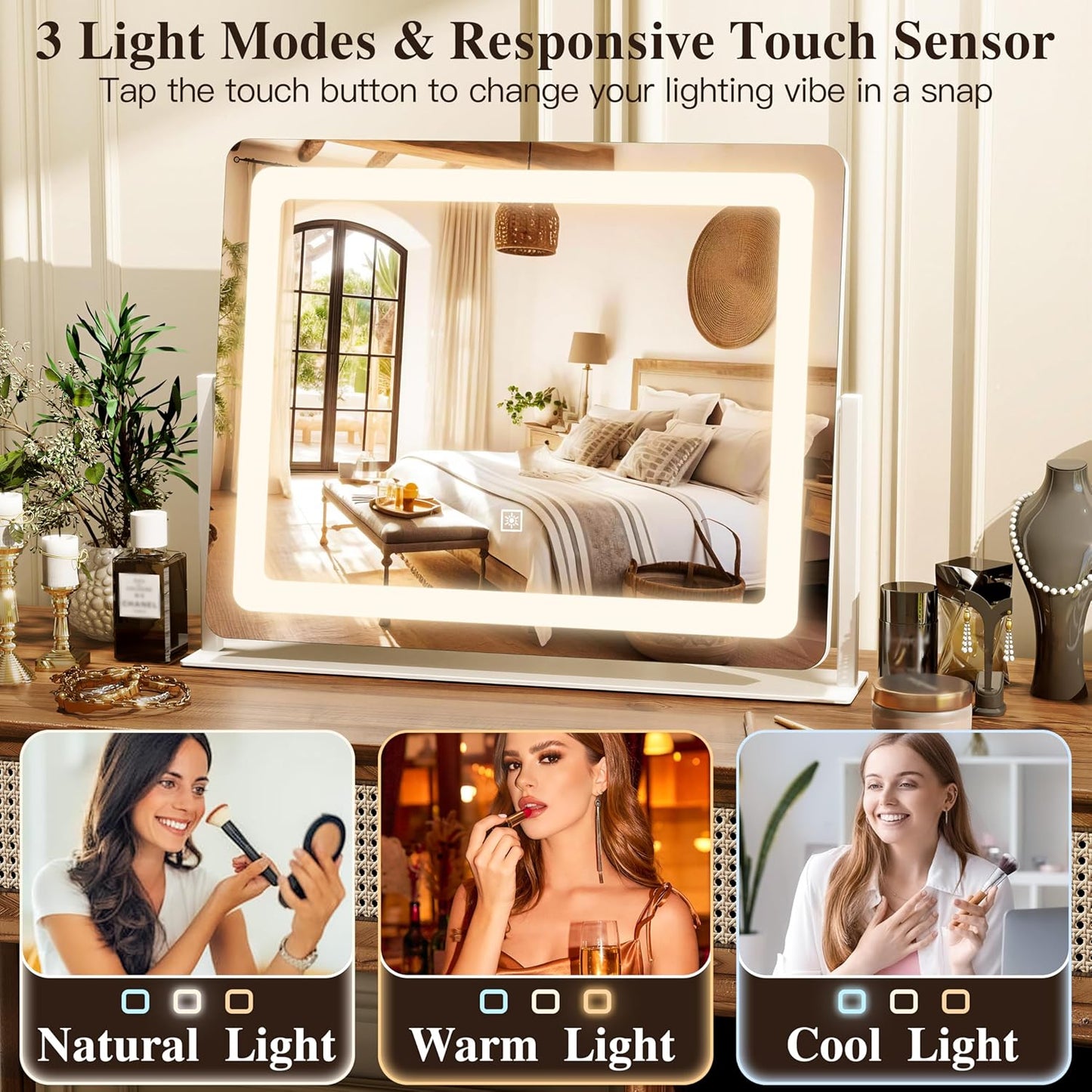 LED Vanity Mirror with Lights - 17" x 22" Lighted Makeup Mirror with 10X Magnification | 3 Color Modes & Dimmable, White