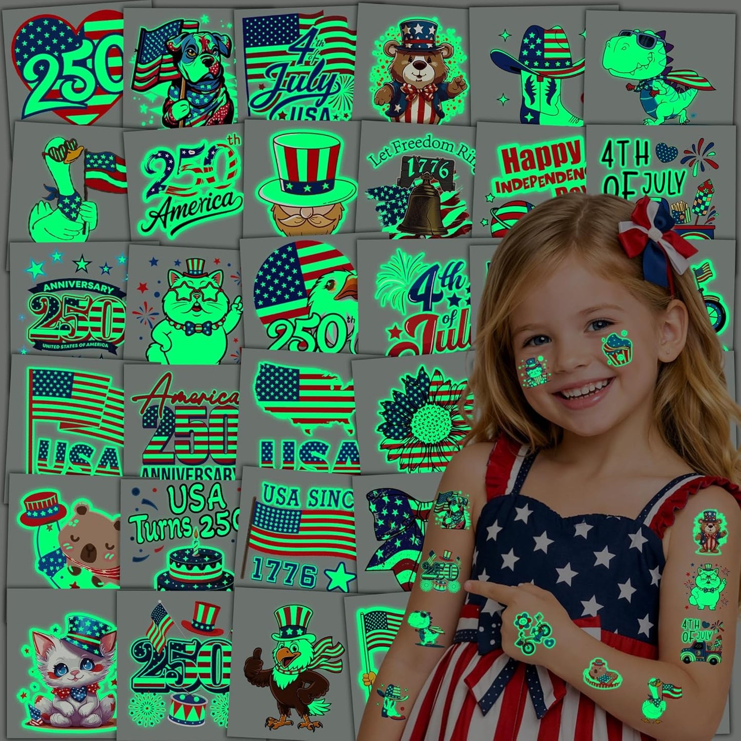 108PCS 4th of July Temporary Tattoos - Glow in the Dark USA Party Favors | Red, White & Blue Independence Day Decorations