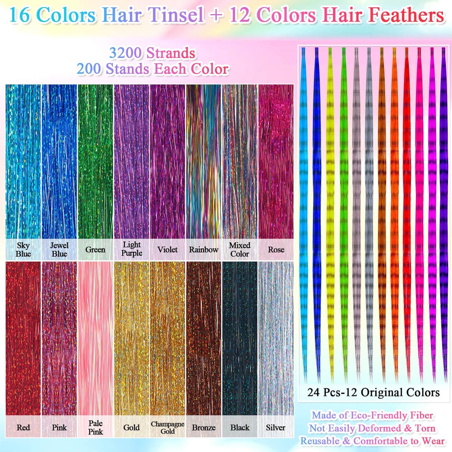 ROADPLUM Hair Tinsel Kit, 16 Colors, 3200 Strands Tinsel & 12 Colors Hair Feathers - Heat Resistant Shiny, Perfect for Cosplay or Party