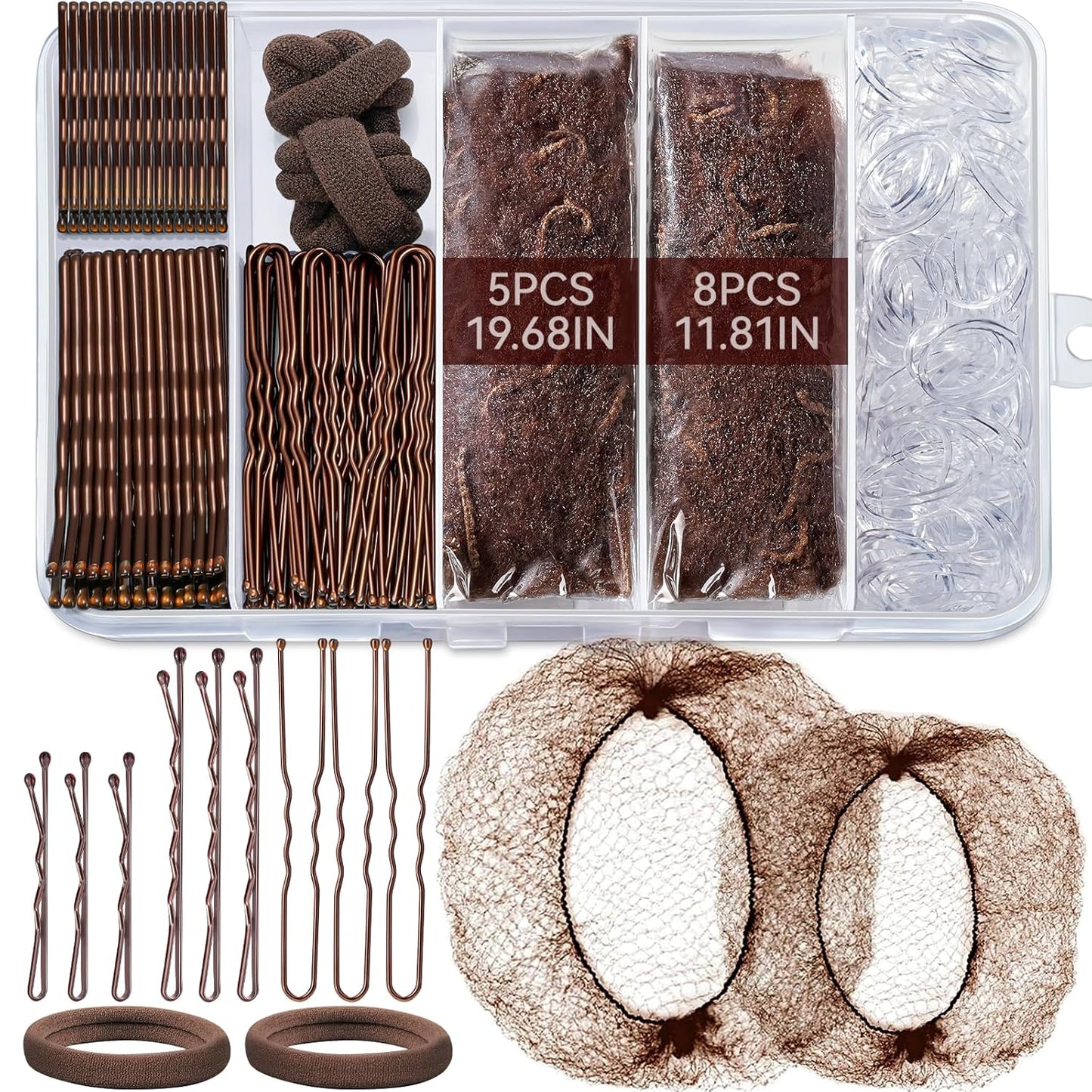 Bobby Pins and Hair Nets Set - Invisible Hair Accessories for Ballet Buns | U Pins, Elastic Bands, Clear Rubber Bands (11.81 & 19.86 in)