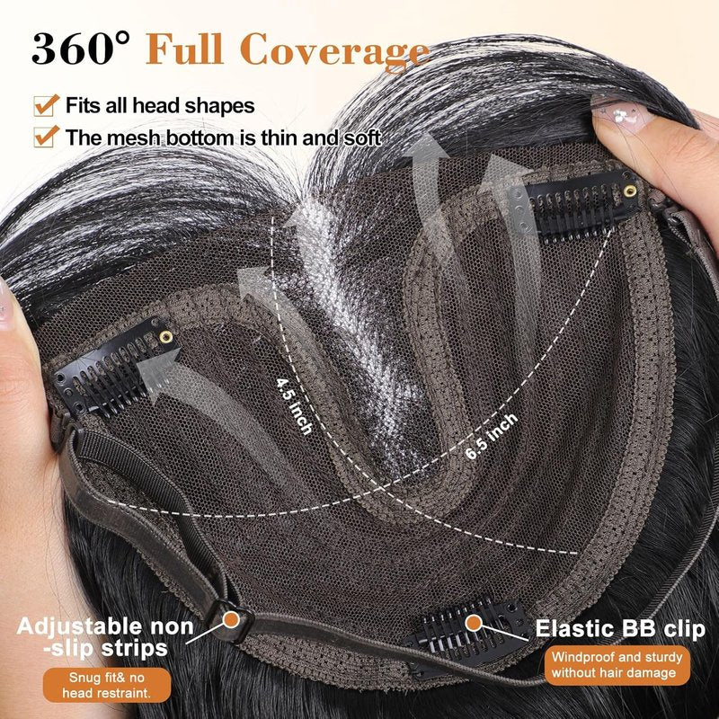 Hair Toppers for Women - 360° Hand-Knitted Lightweight Clip-In Wavy Wiglets with Bangs | 20 Inch, Medium Brown
