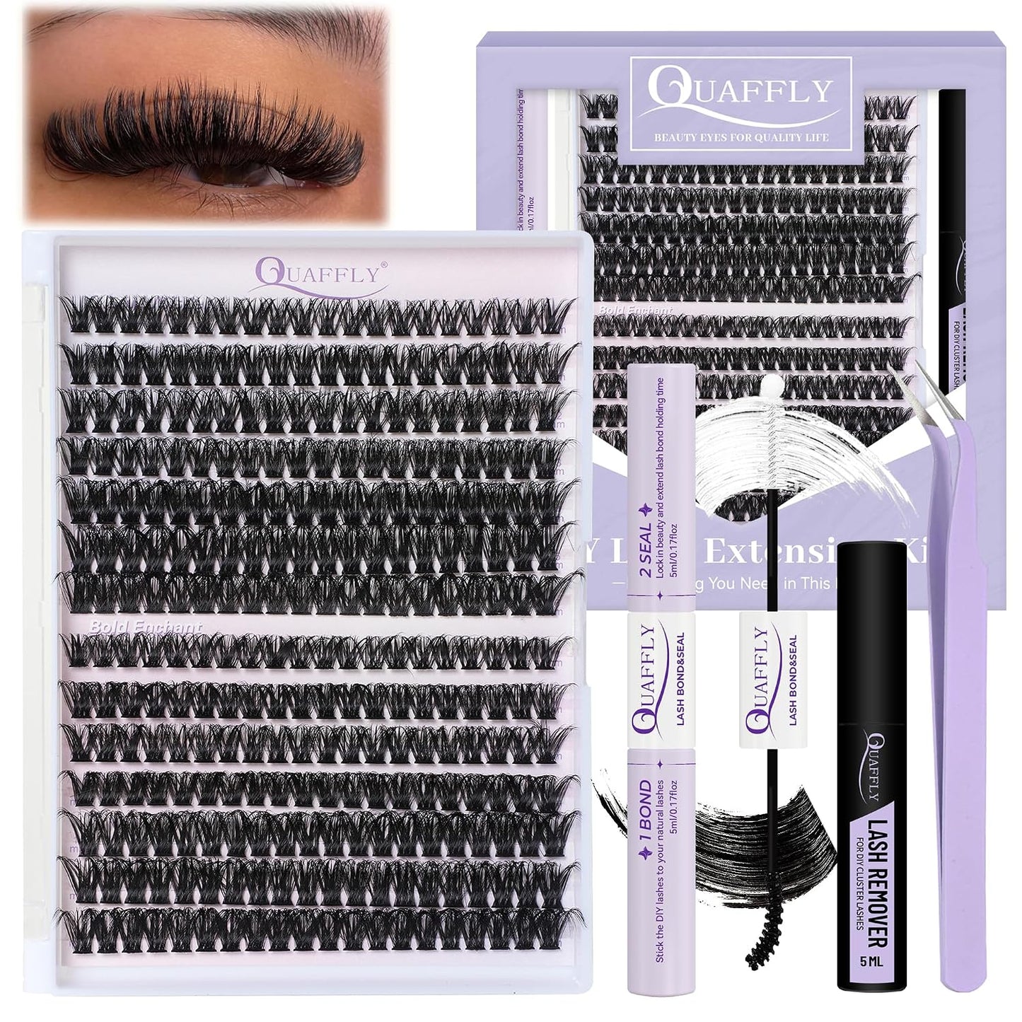DIY Lash Extension Kit - 100D & 150D Volume Lash Clusters with Spikes | Wispy Bottom Lashes, Bond & Seal, Easy Application