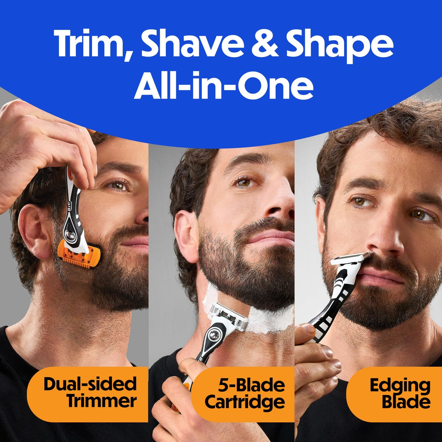 BIC Flex 5 Trim and Shave Men's Grooming Kit, 3-in-1 Beard Trimmer, 5-Blade Razor and Precision Edger, No Battery Required, Dorm Room Essential, 3 Cartridges and 6 Trimmers