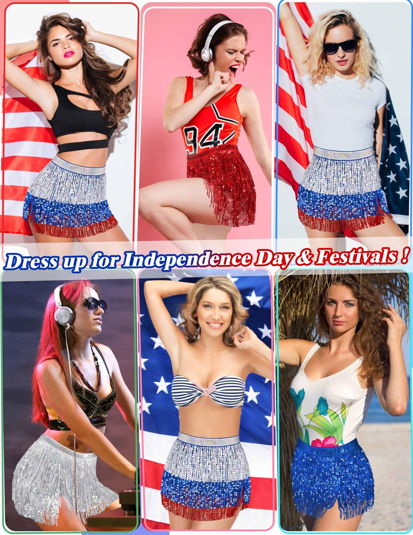 Sarfel Blue Sequin Skirt for Women Red White and Blue Outfits for Women Flag Skirts American Flag Outfits Woman Sparkly Skirt