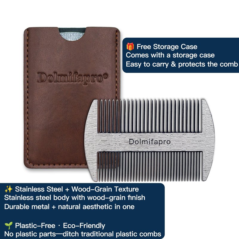 Dolmifapro 304 Stainless Steel Pocket Beard Comb for Men, Anti-Static Dual Fine Coarse Teeth Ultra-Thin Mustache Hair Grooming Comb with PU Leather Case (silvery)