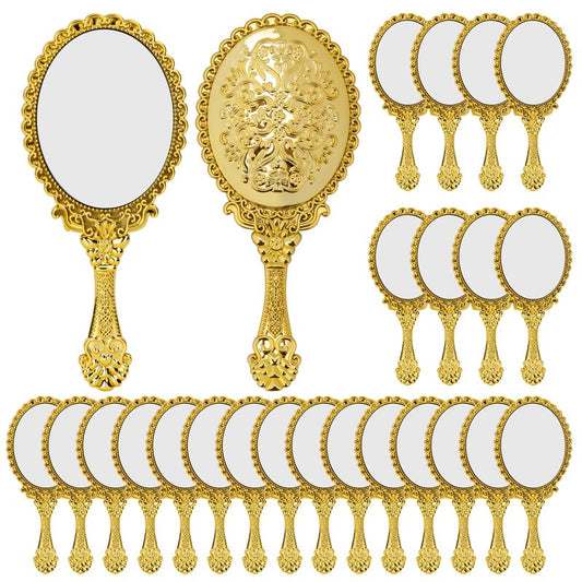 HOMAR 24pc Vintage Hand Held Mirrors，Embossed Portable Small Hand Mirror Bulk with Handle for Princess Party Favors Wedding Party Favors Classroom Rewards