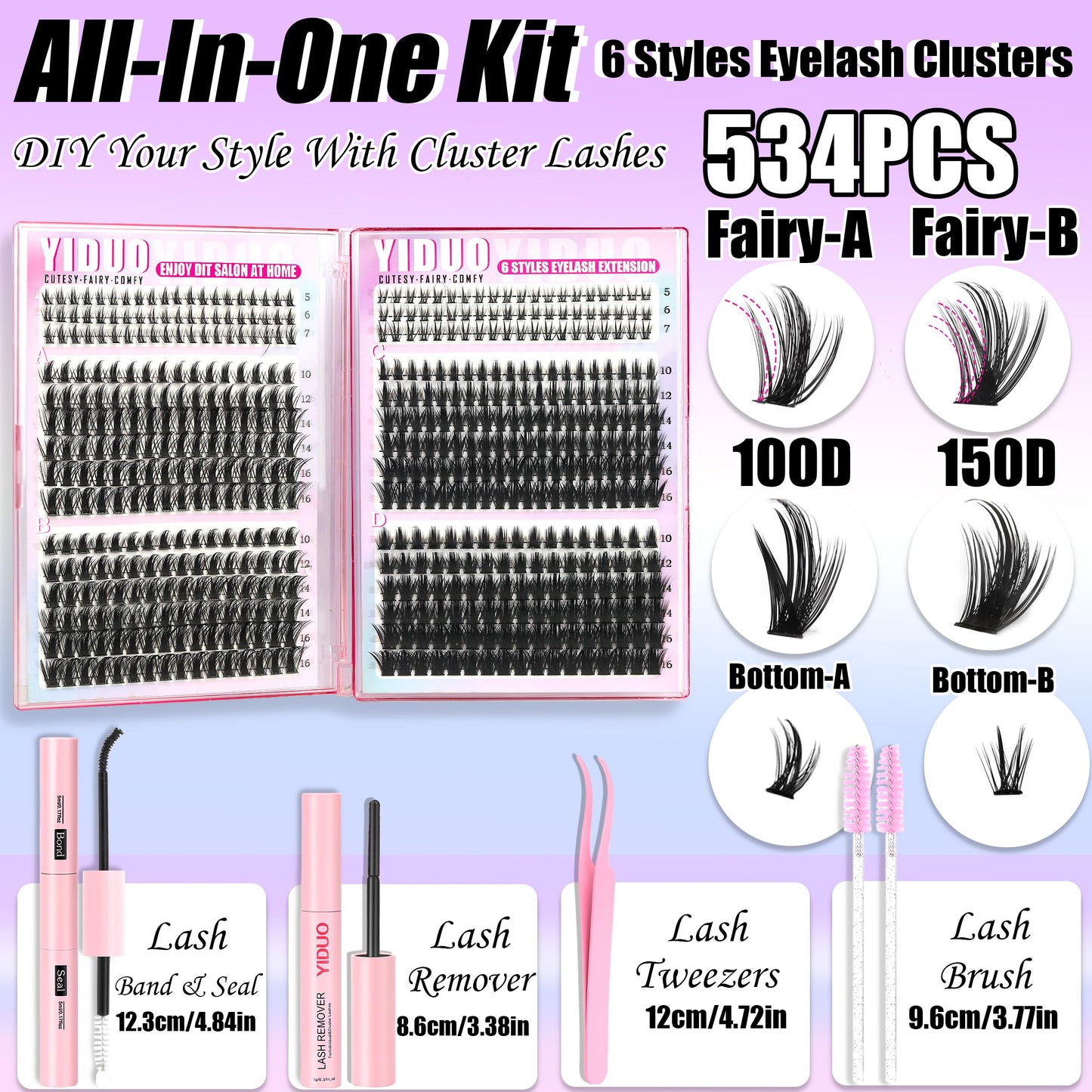 YIDUO Manga Lash Clusters Kit 534Pcs Wispy Fairy Volume Cluster Eyelash Extensions Kit Manga+100D+150D Spikes+Bottom D-curly Lashes Clusters Anime Cosplay Individual Lash Clusters Kit with Lash Glue