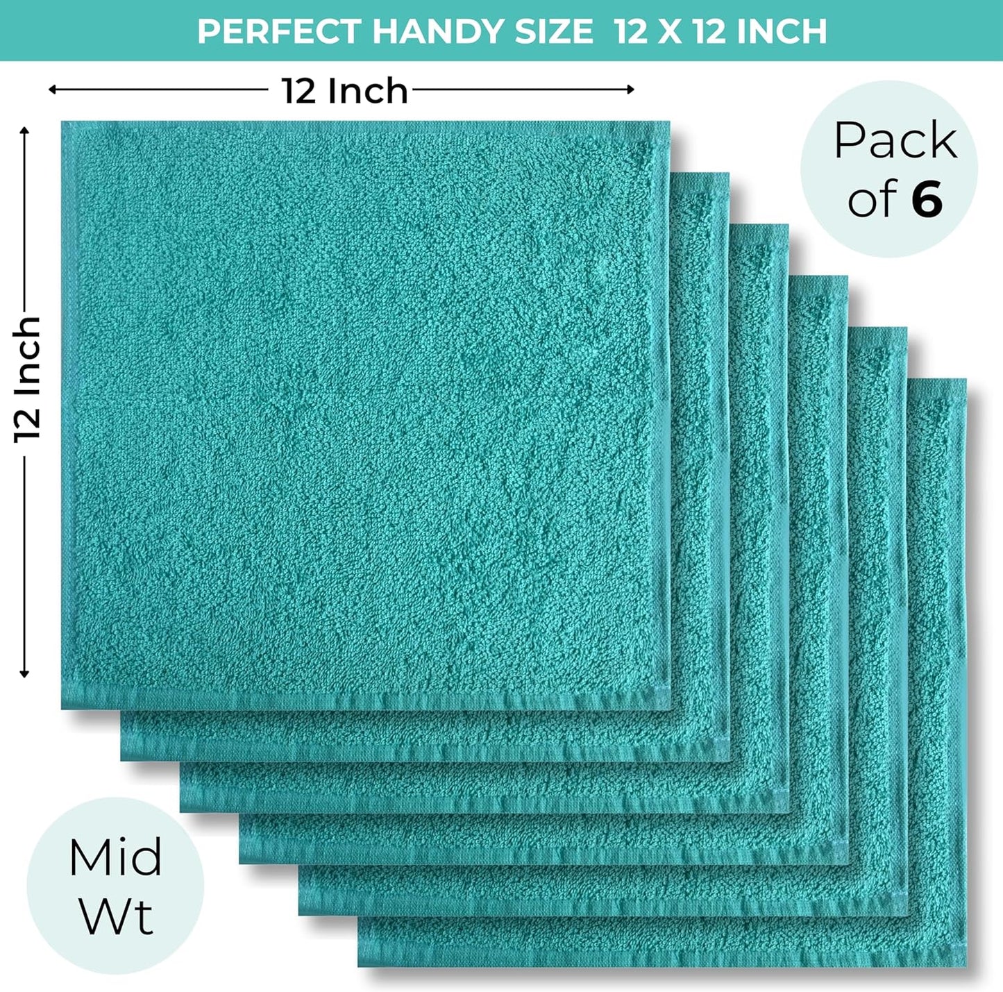 Turquoise Cotton Wash Cloths - Soft Absorbent Terry Towels | 12"x12" 6-Pack for Adults & Kids