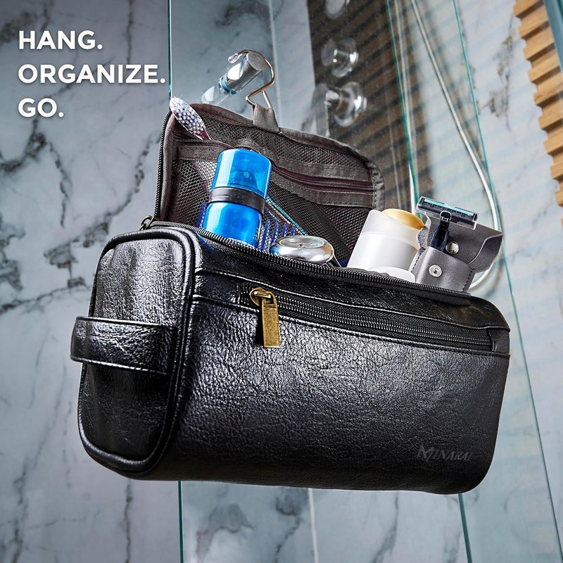 Mens Toiletry Travel Bag - Premium PU Leather Organizer with Razor Case & Dust Bag | Black - Ideal for Travel, Gym, and Everyday Use