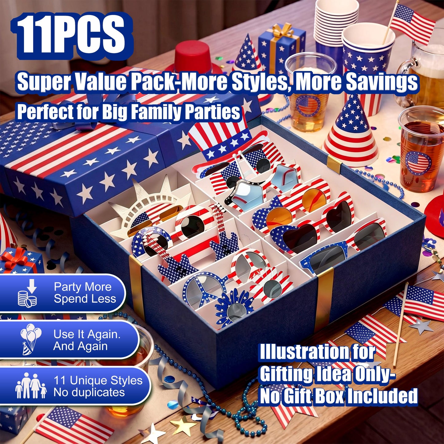 LIONO 11 Pack 4th of July Sunglasses, 250th Anniversary Patriotic USA Glasses, American Flag Sunglasses Red White Blue, Independence Day Memorial Day Party Favors for BBQ, Parade, Photo Booth Props
