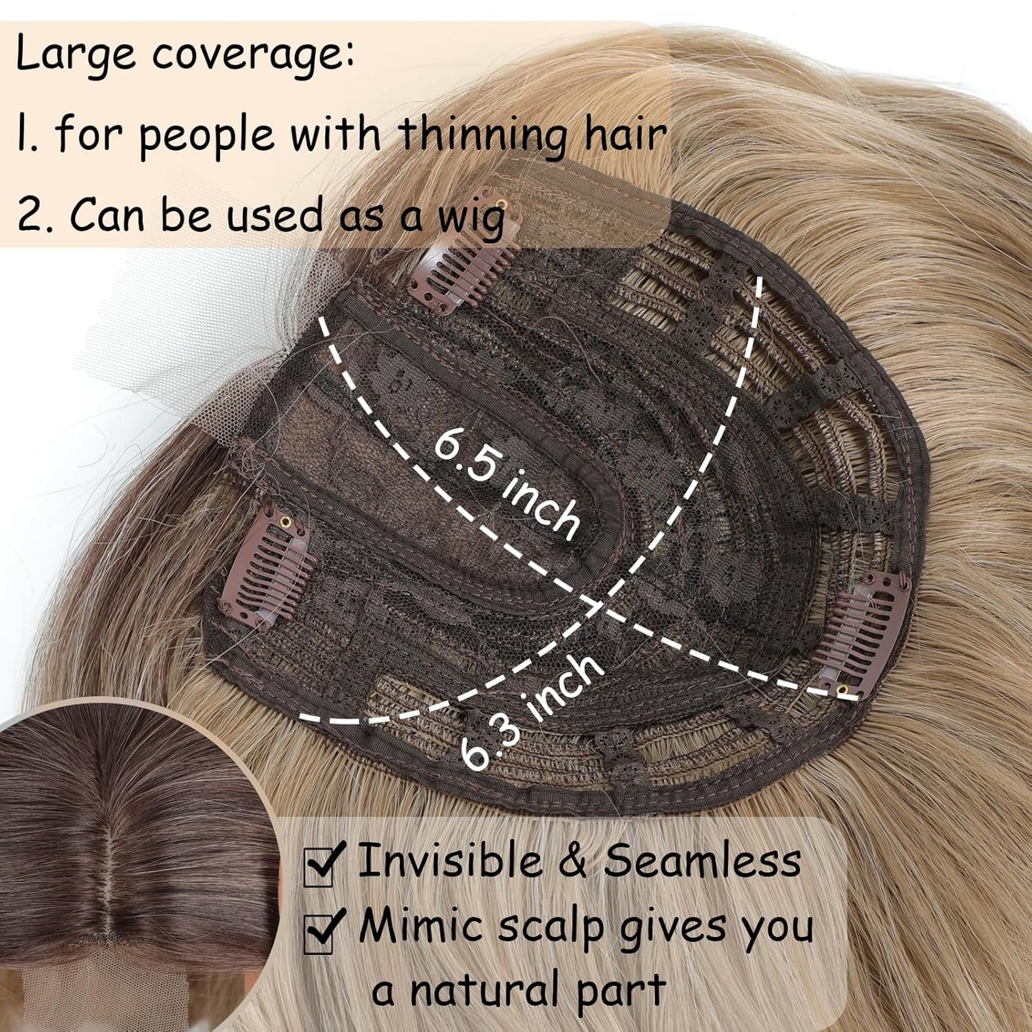 Hair Topper for Women - 16 Inch Synthetic Curly Wavy Clip-In with Curtain Bangs | Natural Volume & Coverage