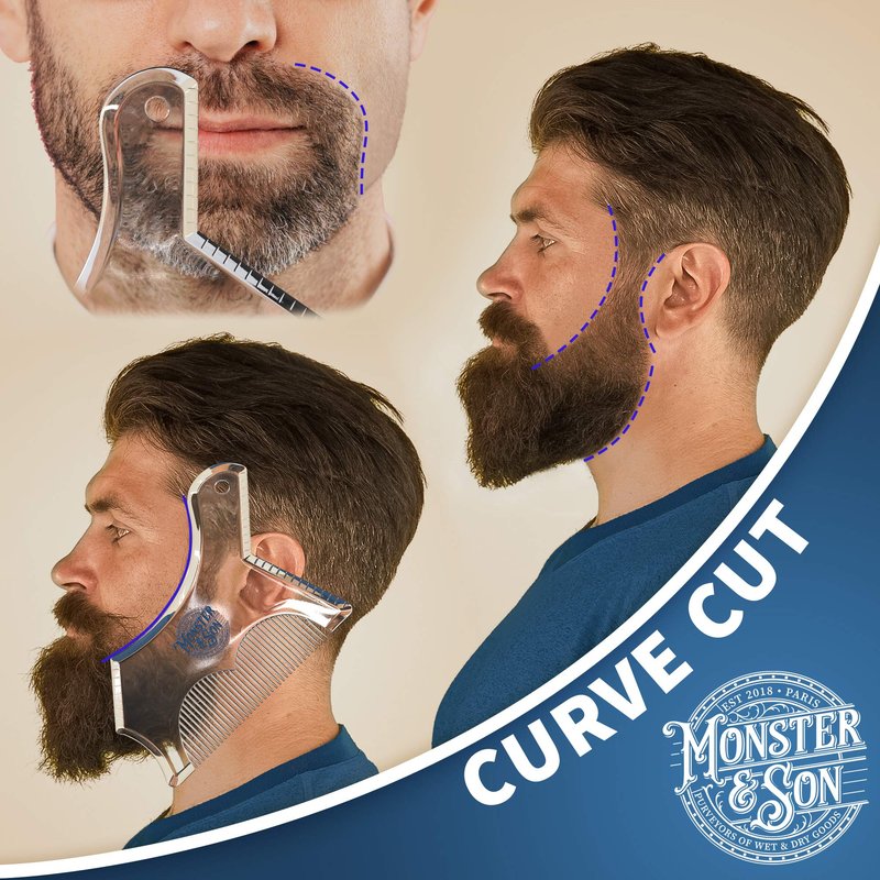 Monster&Son Beard Shaping Tool For Men - Classic Oversized Design (Blue Clear) - Lineup Stencil Shaper for Styling and Shaping - Alignment Guides for Perfect Symmetry