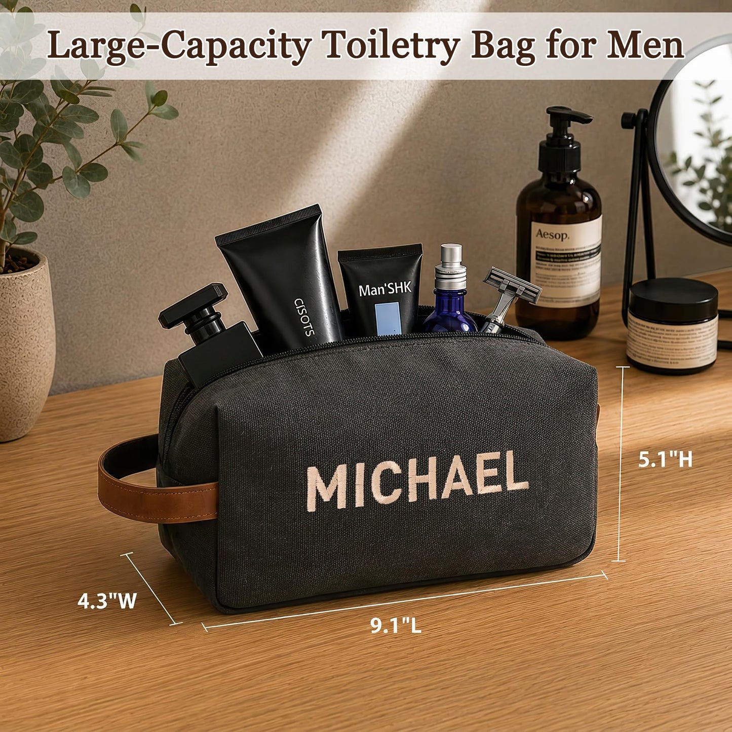 Fincekoom Personalized Embroidered Travel Toiletry Bag for Men, Custom Canvas Shaving Dopp Kit with Name, Customized Fathers Day Toiletry Bags Gifts for Husband Dad Grandpa Boyfriend