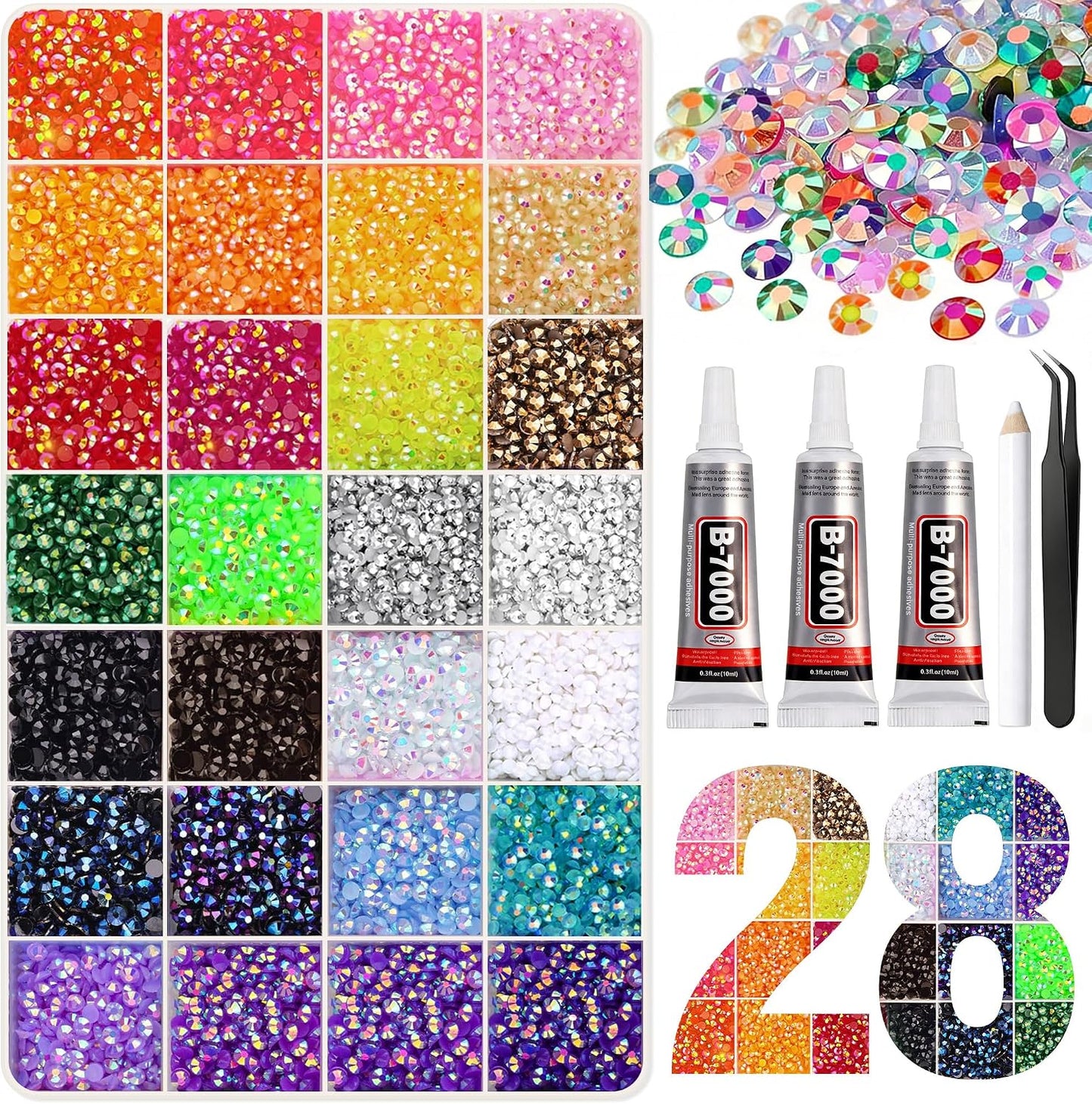 32000 Pcs Resin Rhinestones - 3mm Multicolor Glitter Kit for DIY Bedazzling | Includes 3 Pcs B7000 Jewelry Glue