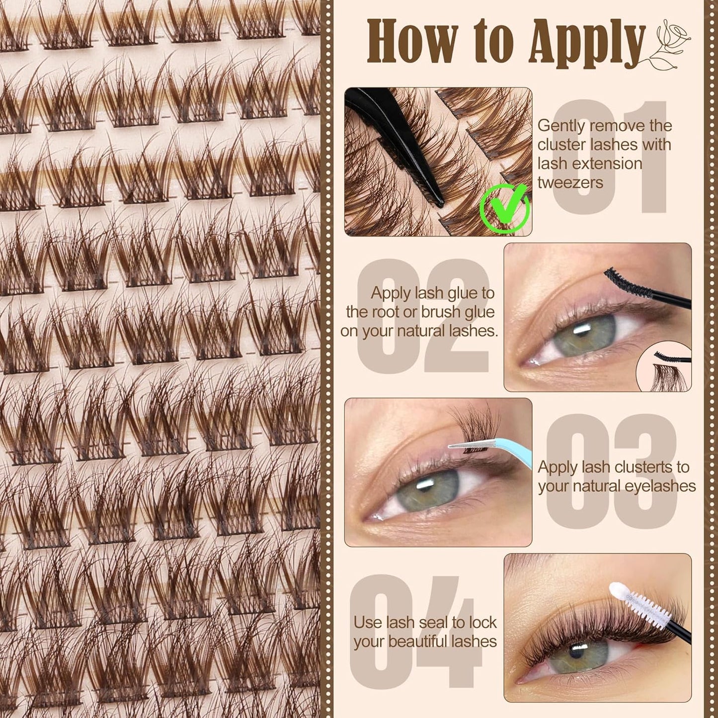 Brown Lash Clusters - Wispy Eyelash Extensions for Natural Look | C Curl Dark Brown Individual Lashes