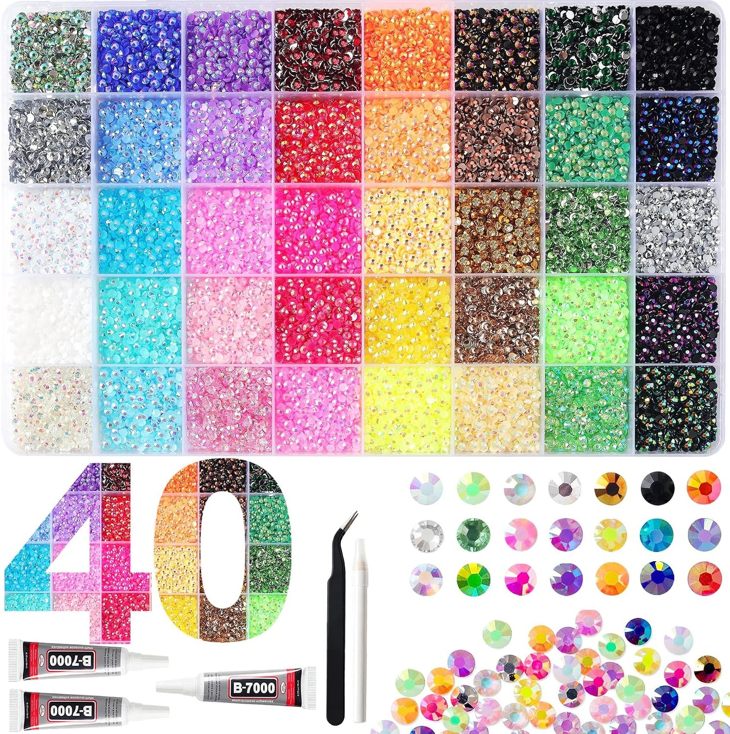 Jelly Resin Rhinestones - 50000 Pcs Multicolor Flatback Gems for Diamond Art | 3mm Crafting Kit with B7000 Jewelry Glue