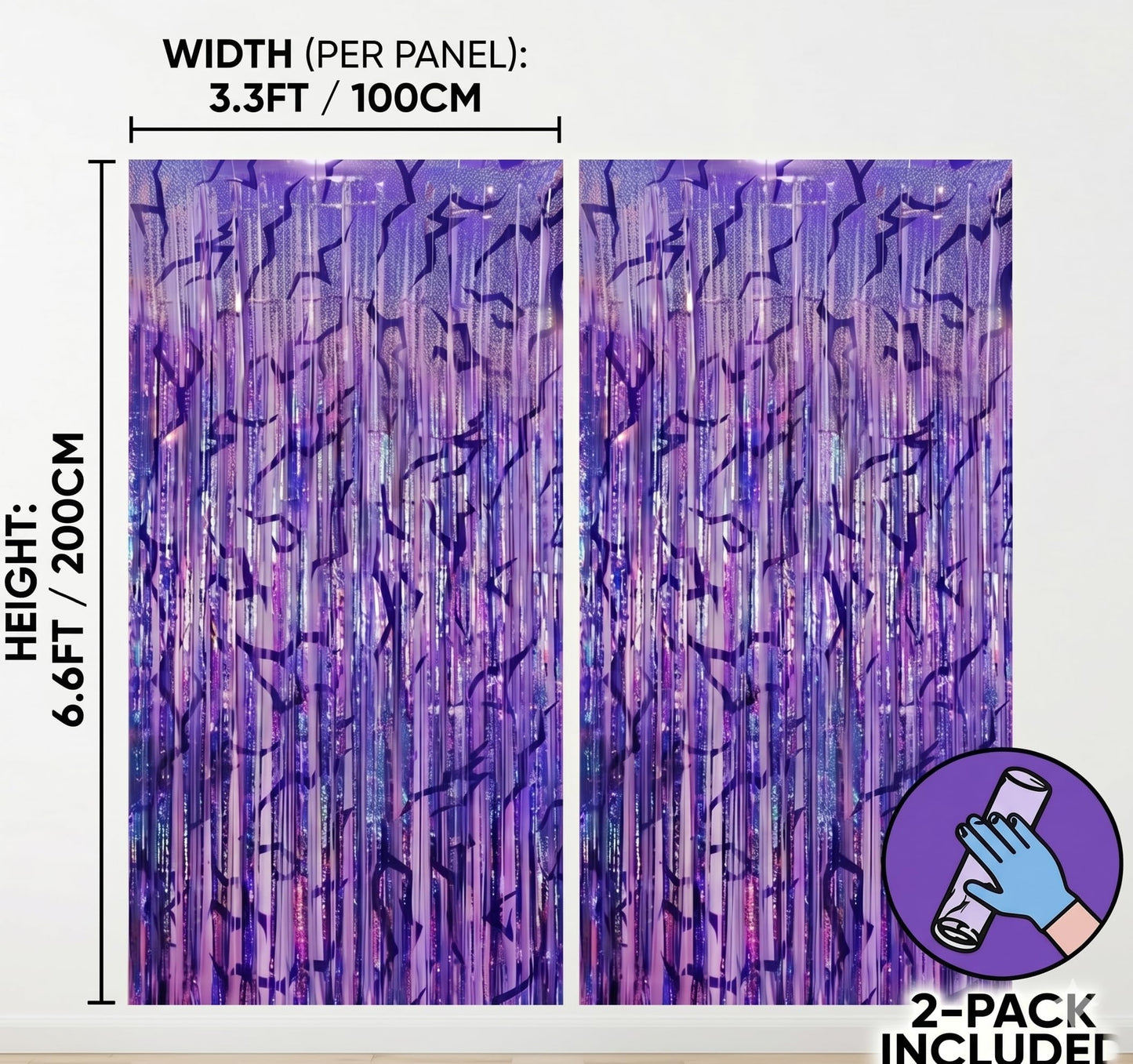 2-Pack Purple K-Style Demon Energy Pattern Backdrop, Music Party Favors, Shimmery Laser Foil Curtains, 6.6FT Holographic Lightning Tinsel, Party Decorations for Fans, Girls Birthday Party Decor