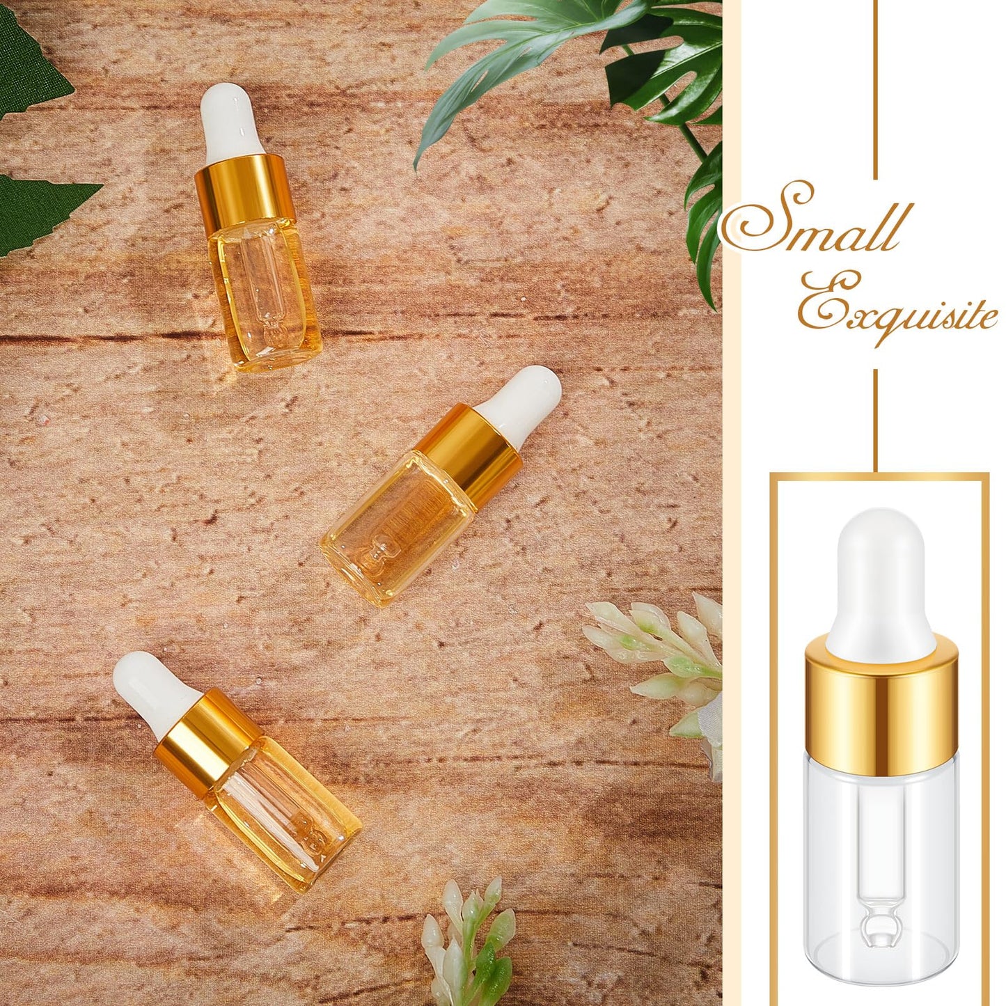 Didaey 200 Pcs 3 ml Mini Glass Oil Dropper Bottle Bulk, Clear Essential Small Empty Bottles Sample Containers Perfume Liquid Vials with Cap for Traveling (Champagne Gold)
