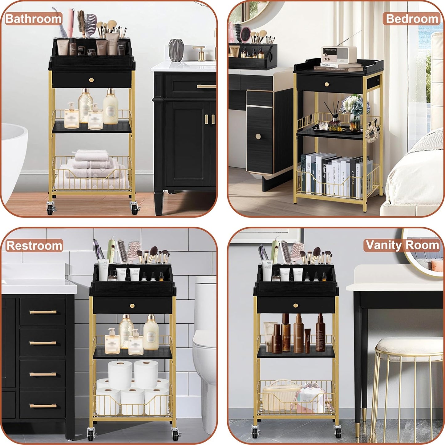 Large Makeup Organizer Cart - Rolling Vanity Storage with Hair Tool Holder | Gold & Black, 2-in-1 Design