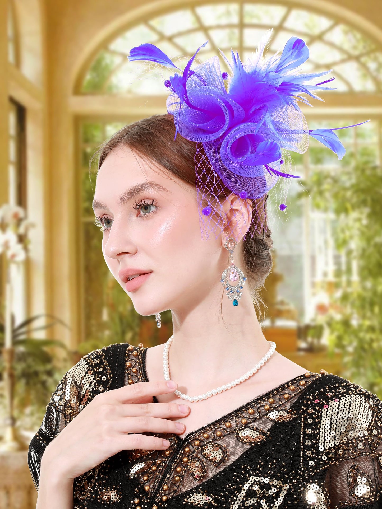 Women Fascinators Hat with Feathers Pearls for Tea Party Weddings Derby Headwear(Purple)