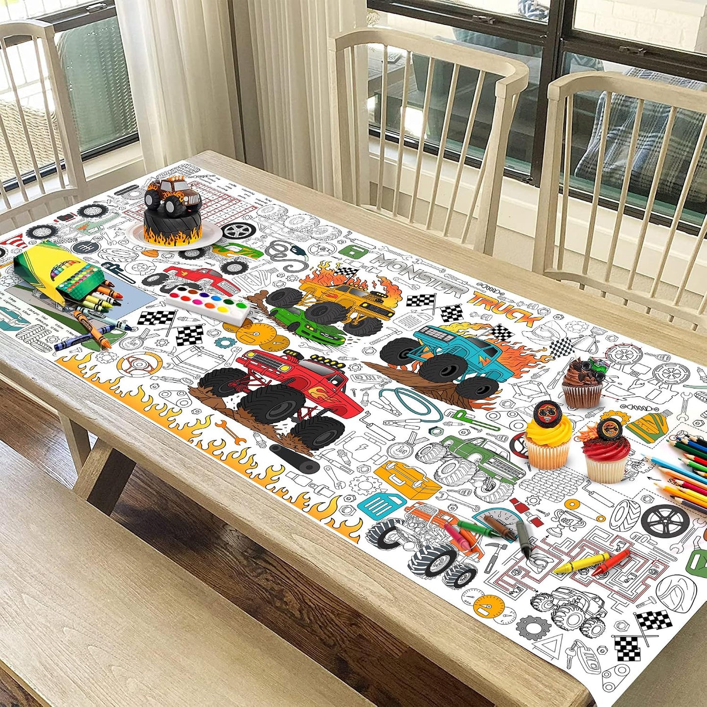 Monster Truck Coloring Tablecloth - Large 30x72 Inch for Kids | Perfect for Birthday Parties & Classroom Fun
