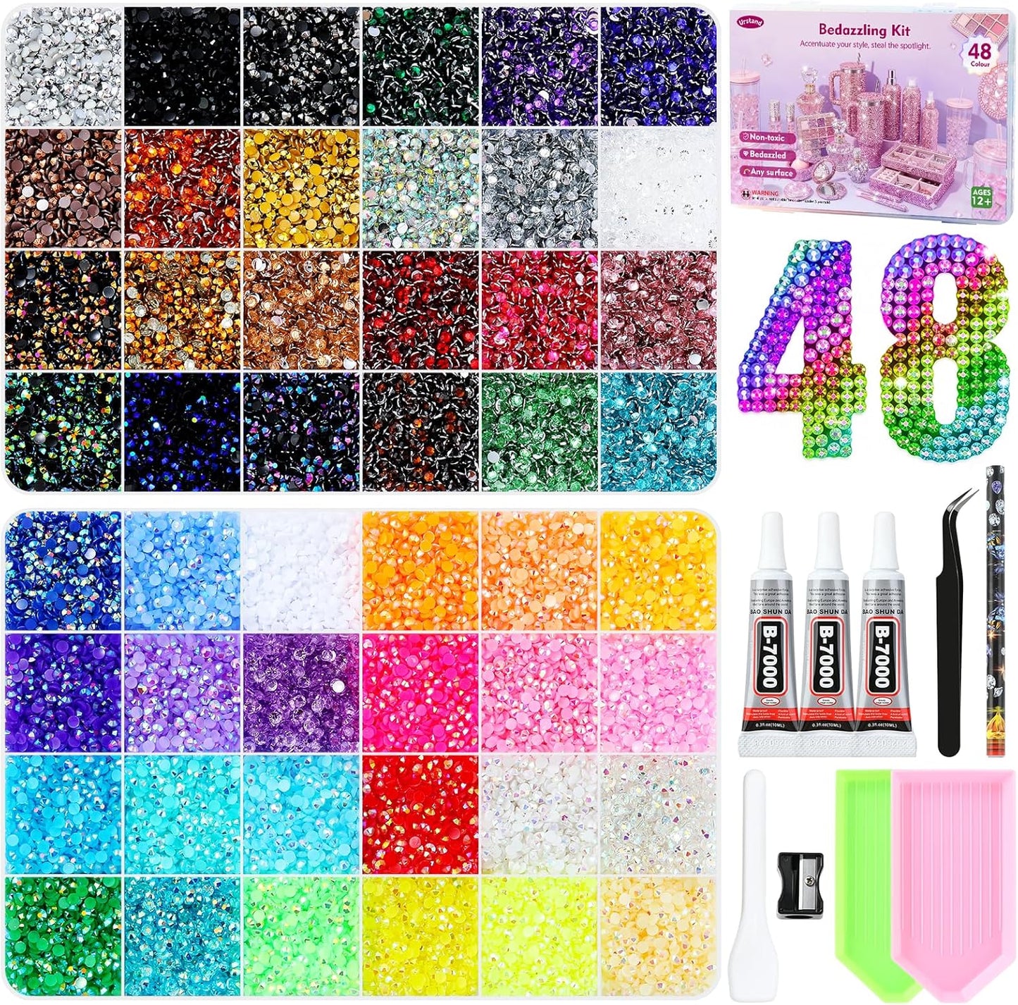 Resin Jelly Rhinestones - 48 Colors Flatback Gems for Diamond Art | 48000 Pcs 3mm Kit with Glue, Tweezers & Pickup Pen