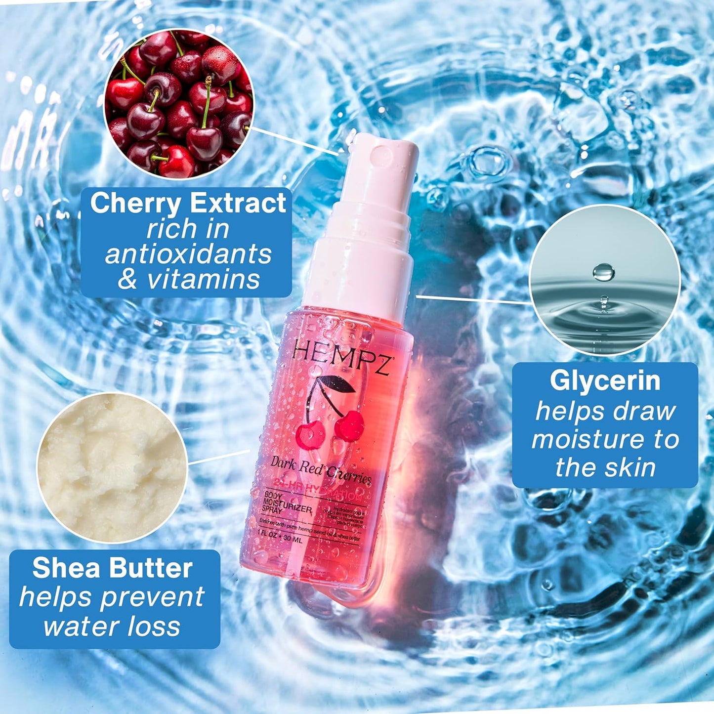 Hempz Cherry Hydrating Mist Spray - Lightweight Cherry Fragrance | Travel Size Moisturizer, 1 fl. oz.