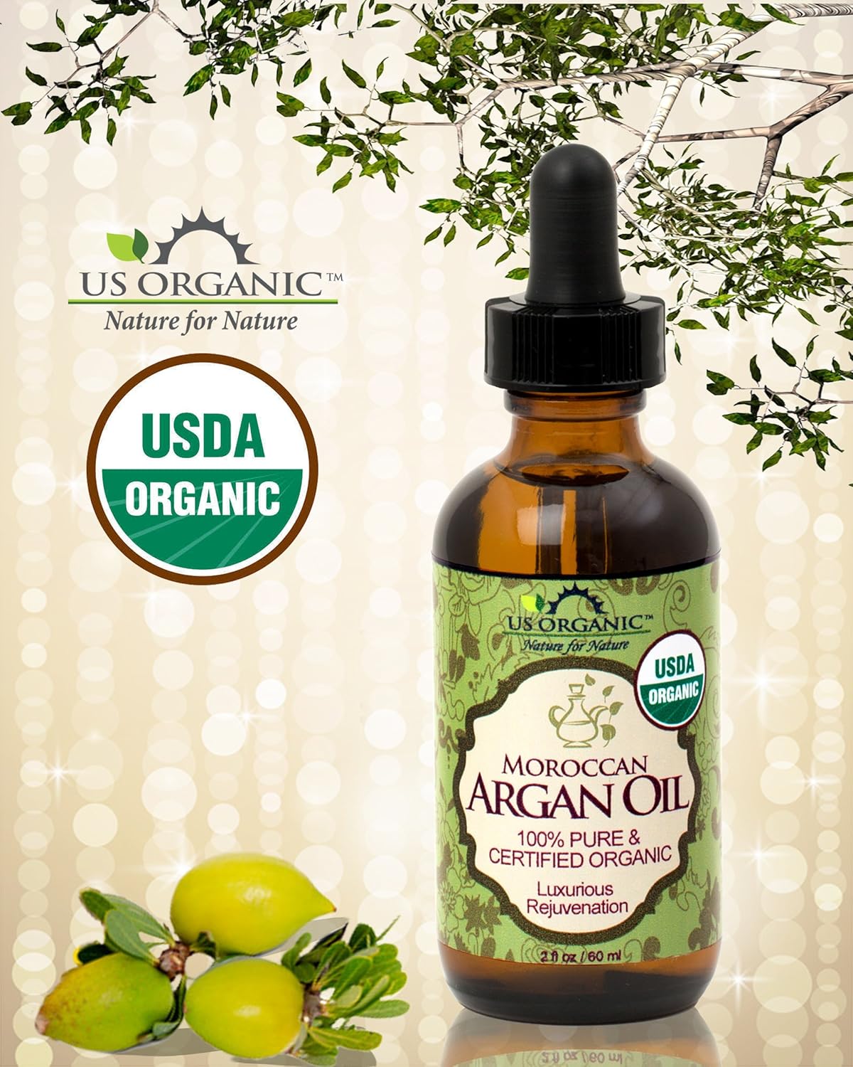 Organic Moroccan Argan Oil - 100% Pure & Natural, Cold Pressed, Unrefined | 2 Oz Amber Glass Bottle for Hair, Skin, Nail & Cuticle Care