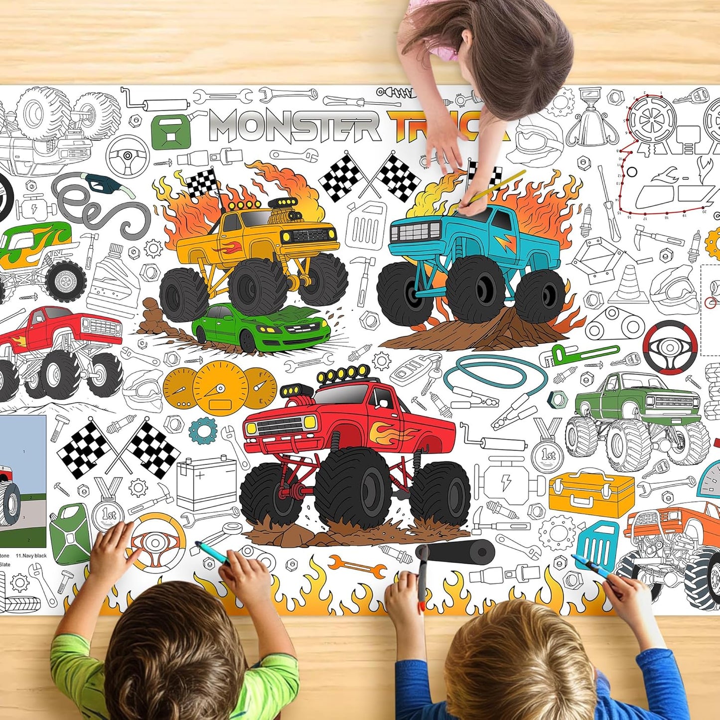 Monster Truck Coloring Tablecloth - Large 30x72 Inch for Kids | Perfect for Birthday Parties & Classroom Fun