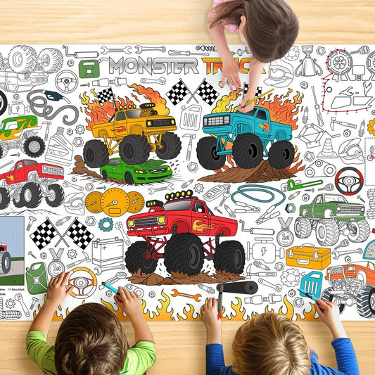 JOYGATHER Monster Truck Coloring Tablecloth for Kids, Large 30x72 Inch Poster with Giant Wheels, Trucks, Perfect for Boy Birthday Party Games, Racing Decorations, Classroom Fun, Celebration Supplies