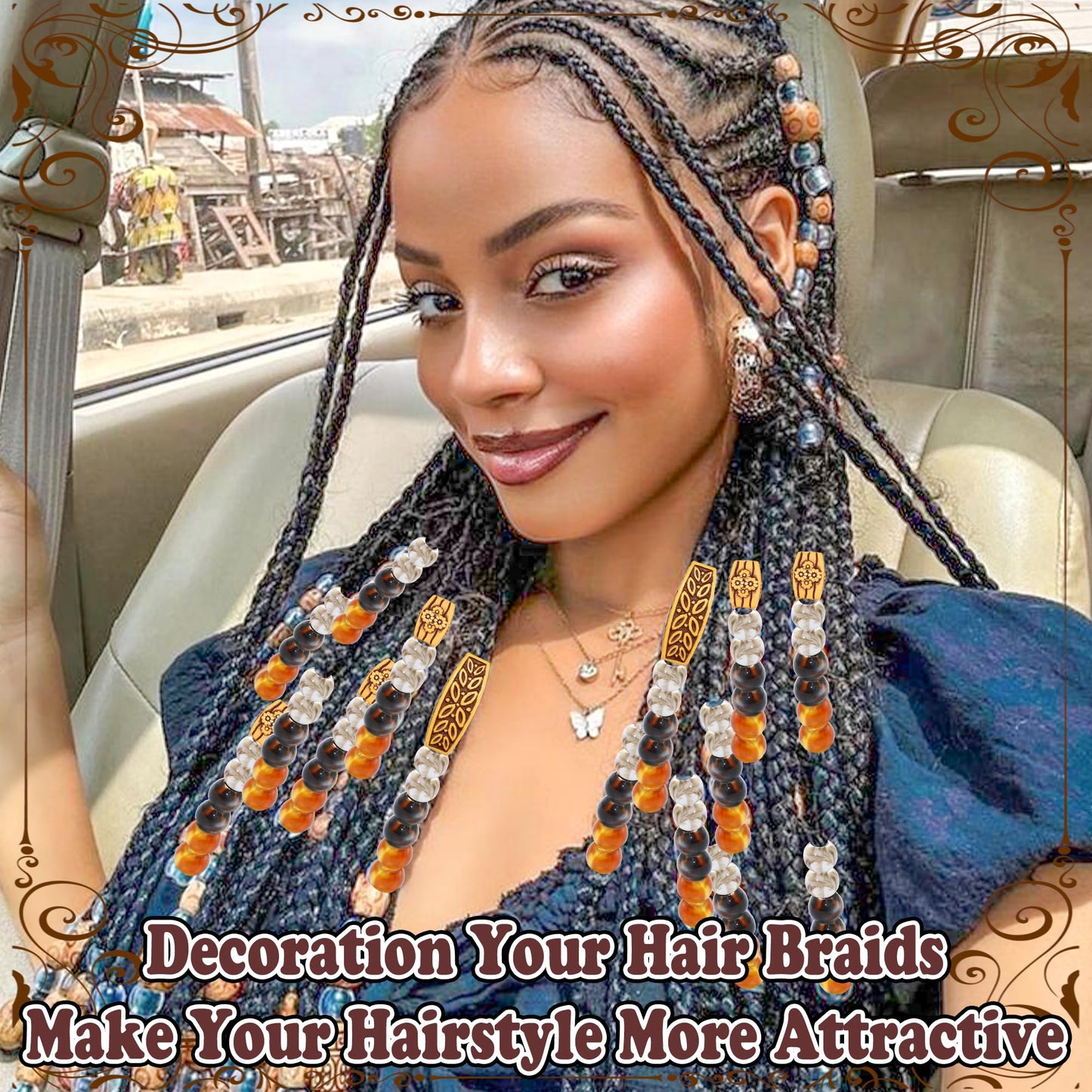 NAISKA 60PCS Wood Hair Beads for Braids Brown Long Tube Beads 7 Styles Hair Jewelry for Women Braids Acrylic Round Imitation Wood Dreadlock Bead African Braids Accessories for Women Girls
