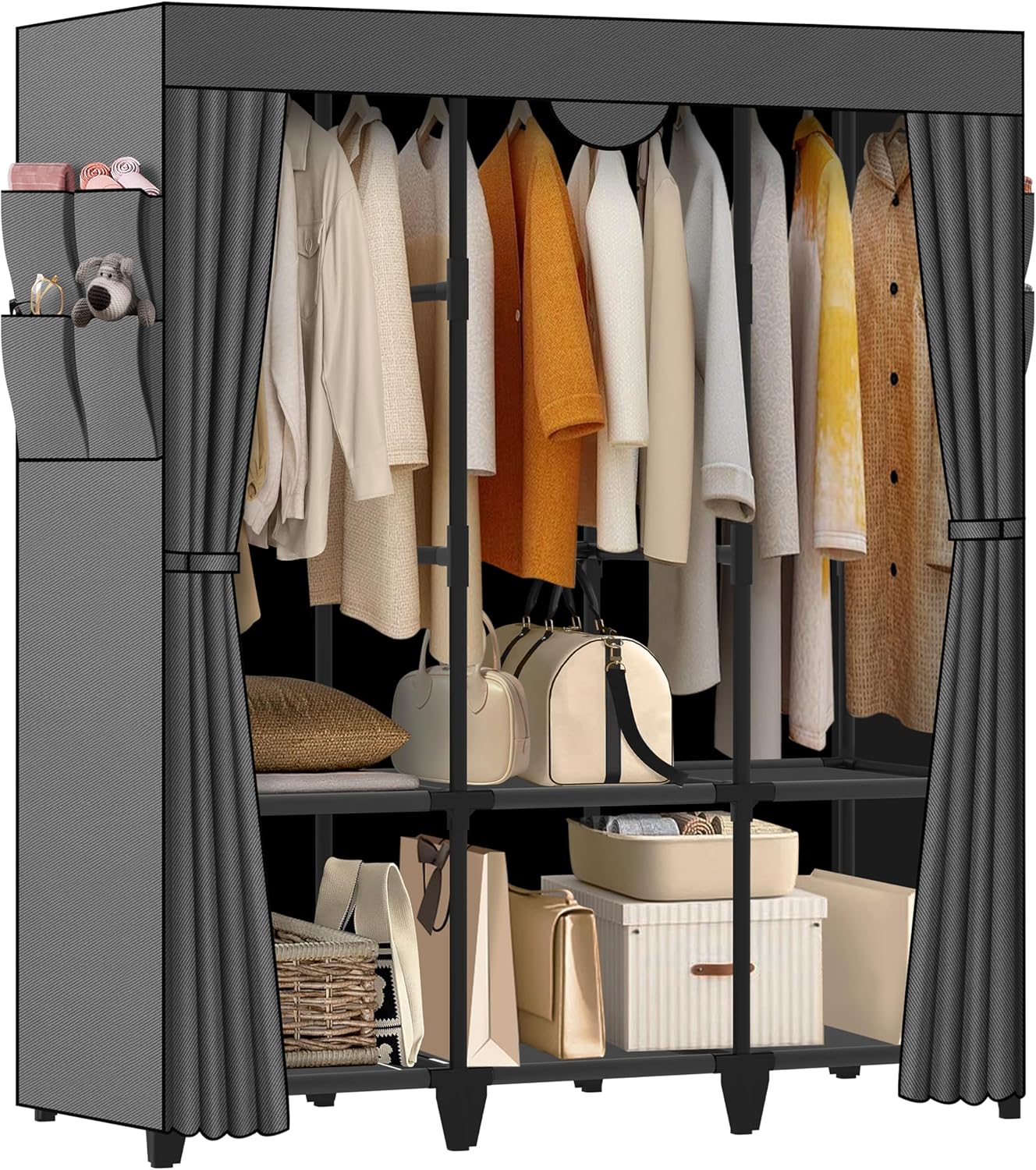 Portable Closet - Large Capacity Gray Wardrobe with 3 Hanging Rods, 6 Shelves & 8 Pockets | Easy Assembly for Bedroom & Living Room