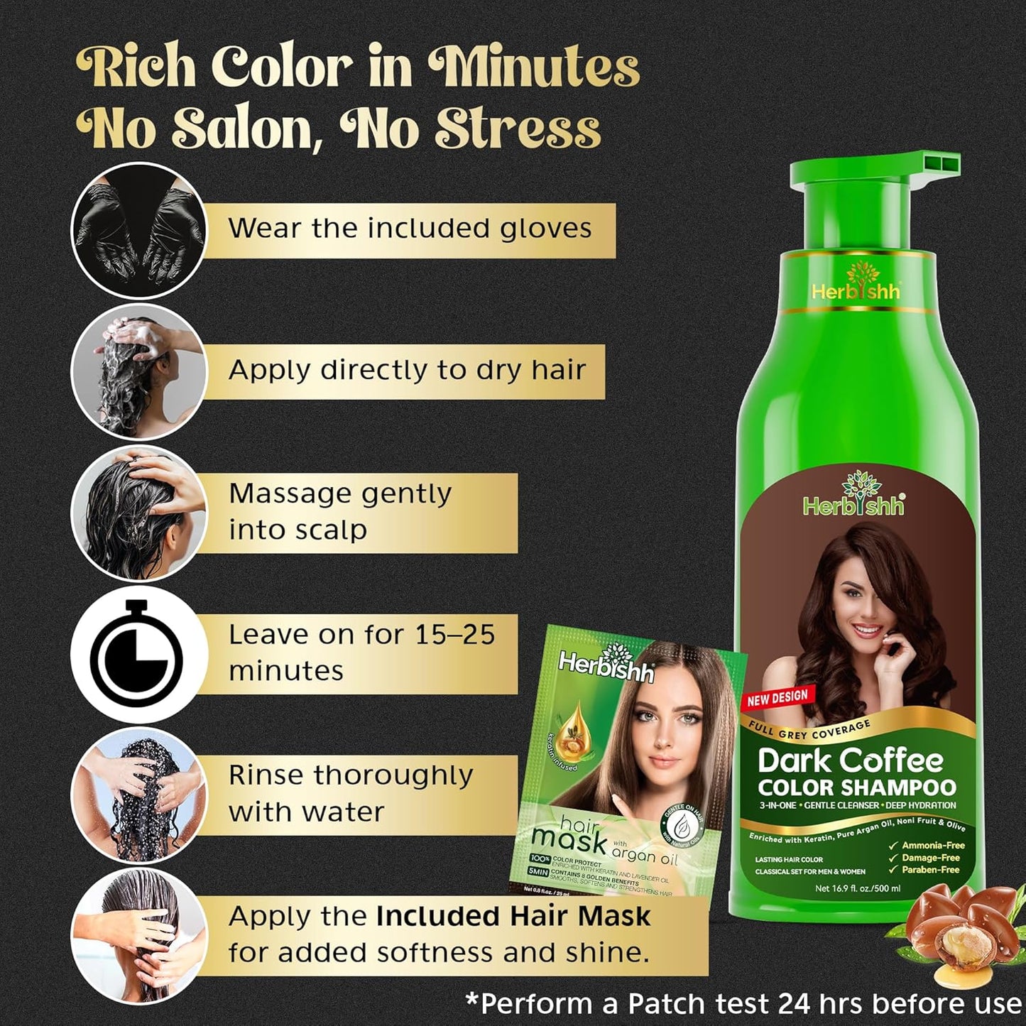 Herbishh Hair Color Shampoo for Gray Hair - Natural 3-in-1 Dye | Dark Coffee, 500ML, Lasts 3-4 Weeks