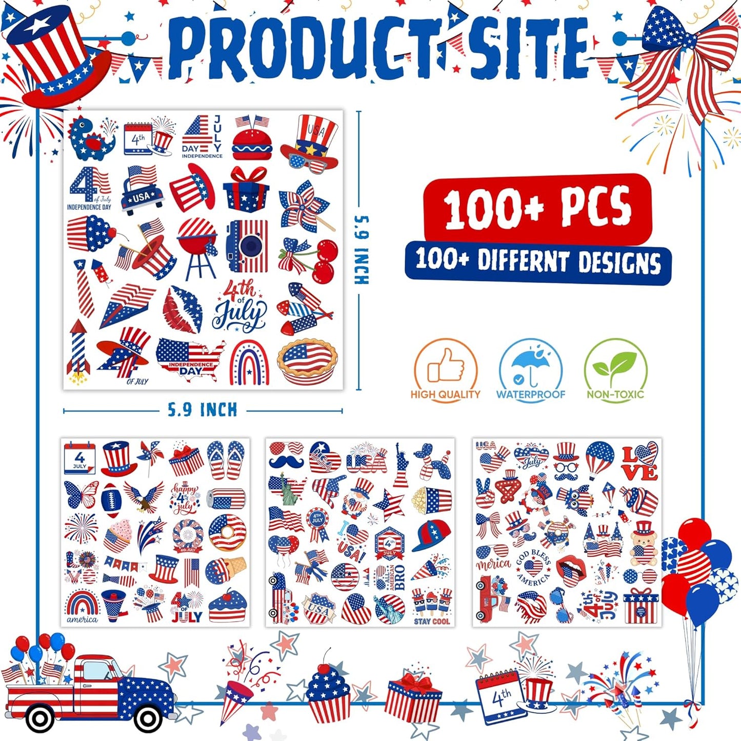 Fourth of July Temporary Tattoos - 105 Patriotic USA Stickers for Party Favors | Red, White & Blue Designs