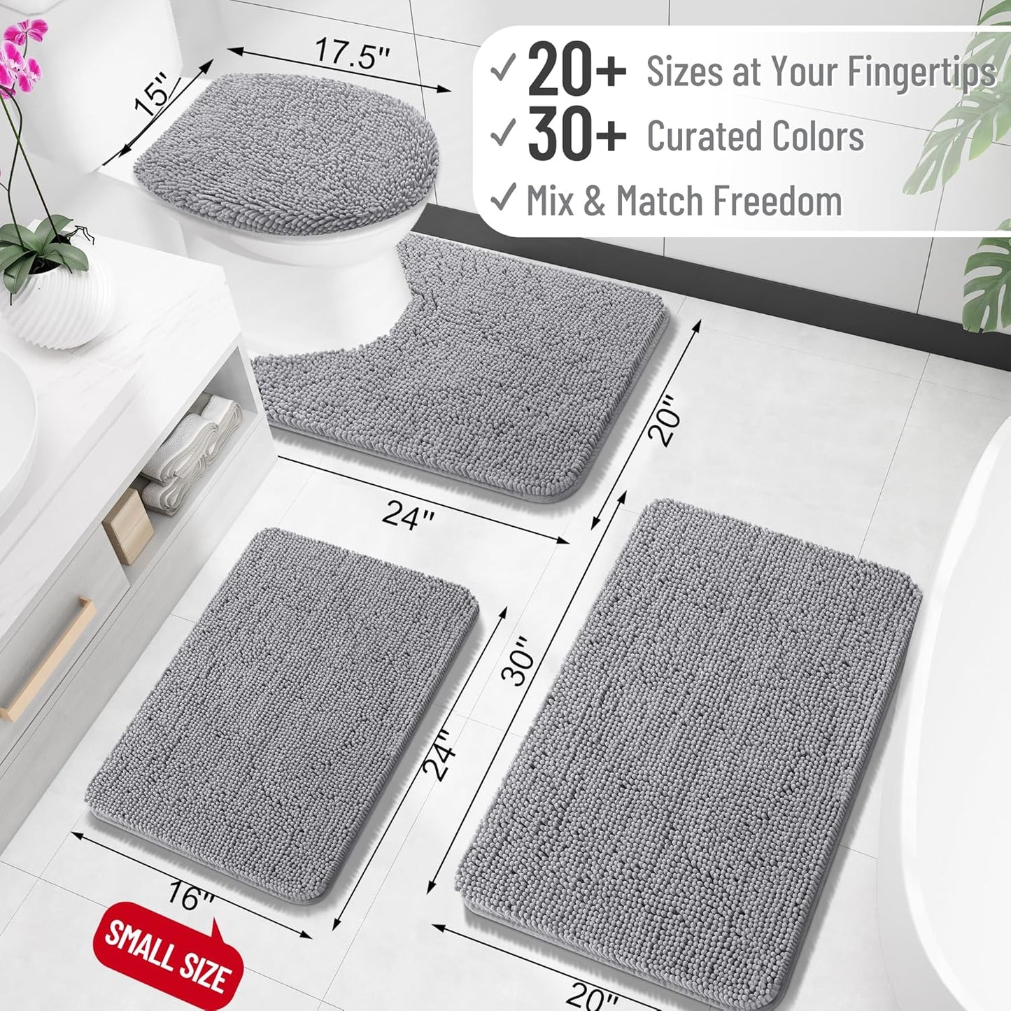 Extra Soft Chenille Bathroom Rugs - 30x20 Quick Dry, Machine Washable | Grey Bath Mats for Tub & Shower