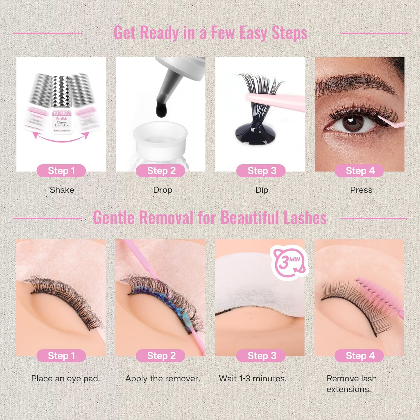 CALAILIS Lash Cluster Glue & Lash Remover Kit, Extra Strong Hold Long Lasting 4+ Weeks Cluster Eyelash Glue, Low Irritation Gentle Aloe Eyelash Remover Cream for Professional Use