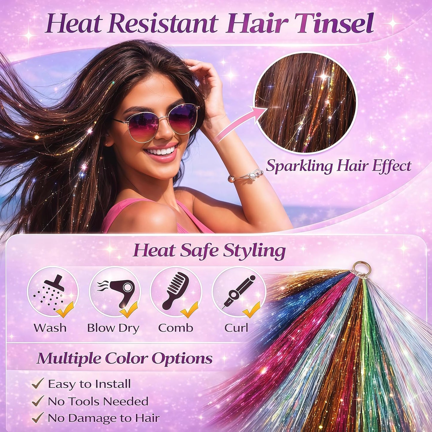 Hair Tinsel Kit - 12 Color Sparkling Heat-Resistant Tinsel Extensions | 48-Inch Strands for Fairy Hair