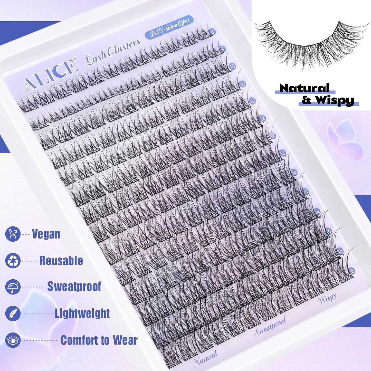 Natural Lash Clusters - Wispy Eyelash Extensions 168pcs | 8-16mm C-Curl, Soft Thin Band for a Natural Look
