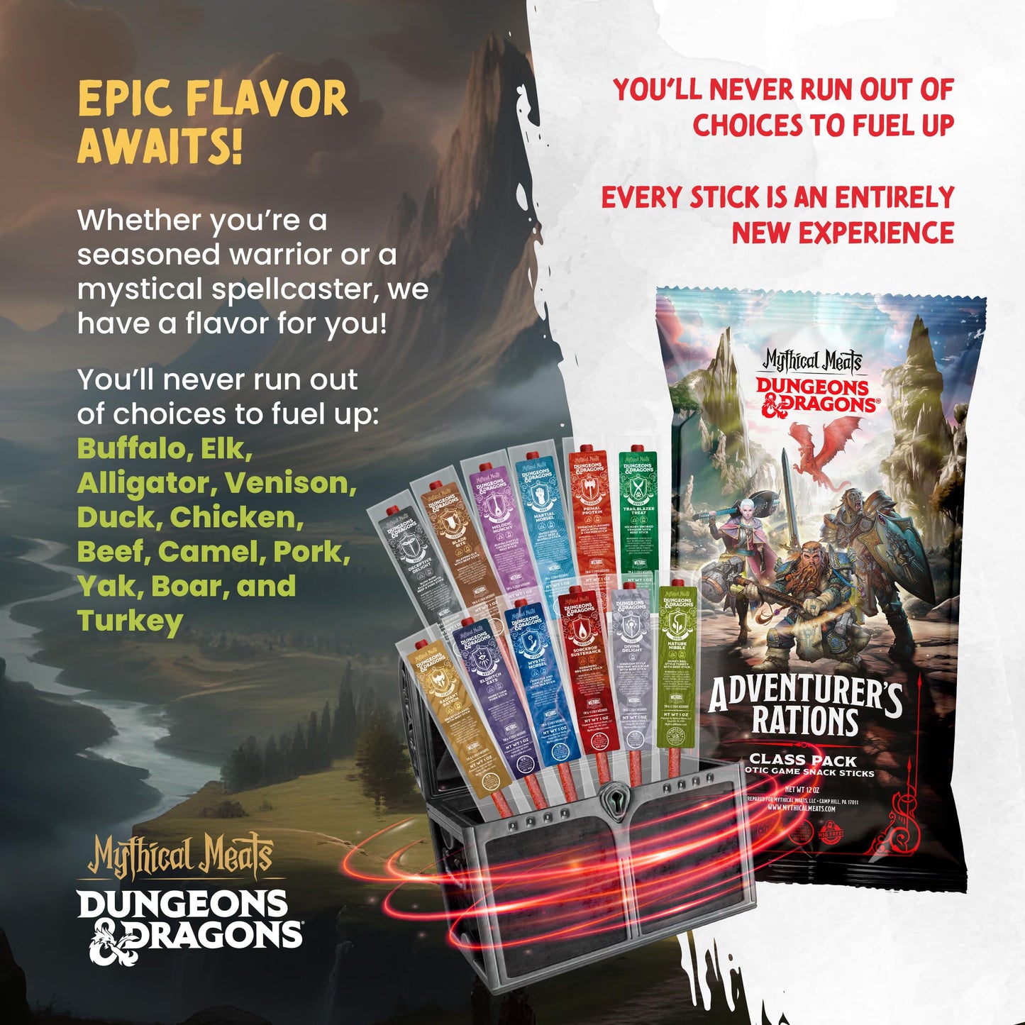 Mythical Meats Beef Jerky Snack Packs – Dungeons and Dragons gifts for Men – Exotic Meat Stick Variety Pack – High Protein, Low Sugar, Keto-Friendly, MSG Free – 12 Pack