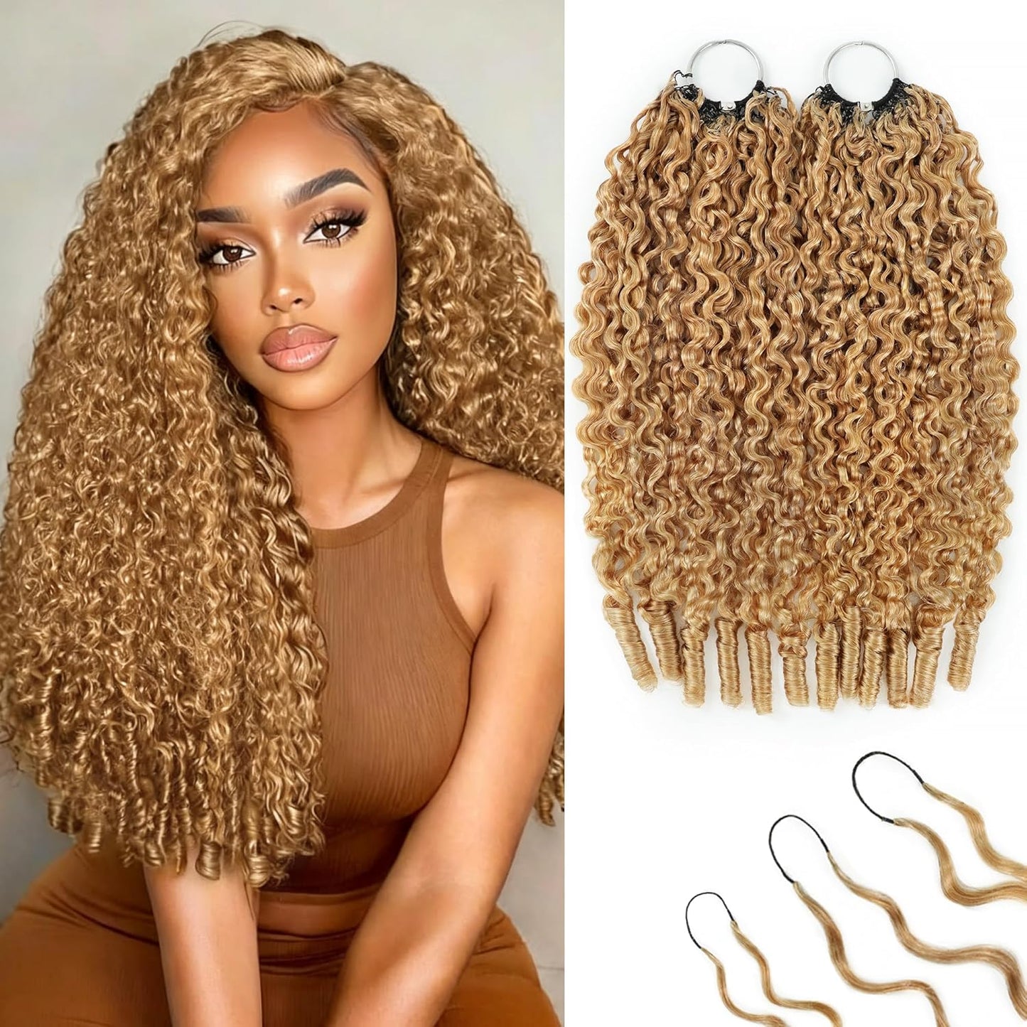 Honey Blonde Burmese Curly Crochet Hair Extensions - 12 Inch, 180g, Pre-Separated, Invisible Miracle Knots