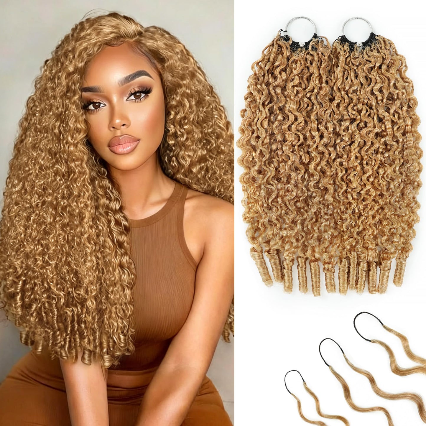 KULYMUWIG Honey Blonde Human Crochet Hair for Black Women 120g Pre-Separated 22 Inch Burmese Curly Crochet Human Hair Bundles 27# Invisible Miracle Knots Feather Crochet Hair Extensions