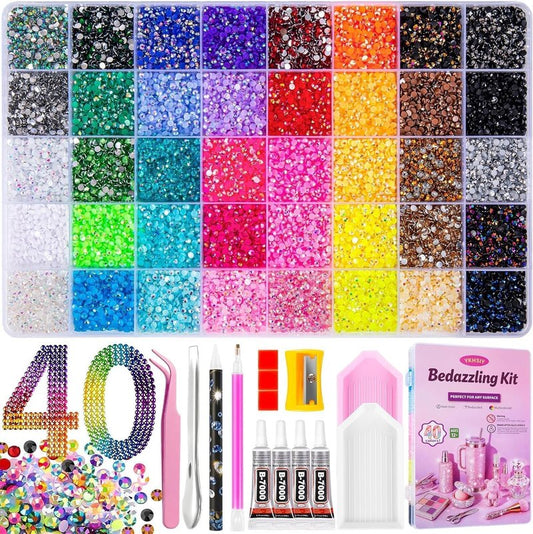 Resin Jelly Rhinestones Kit - 40000 Pcs of 3mm Flatback Gems in 40 Colors | Includes 4 Pcs B7000 Jewelry Glue & Tools for Diamond Art