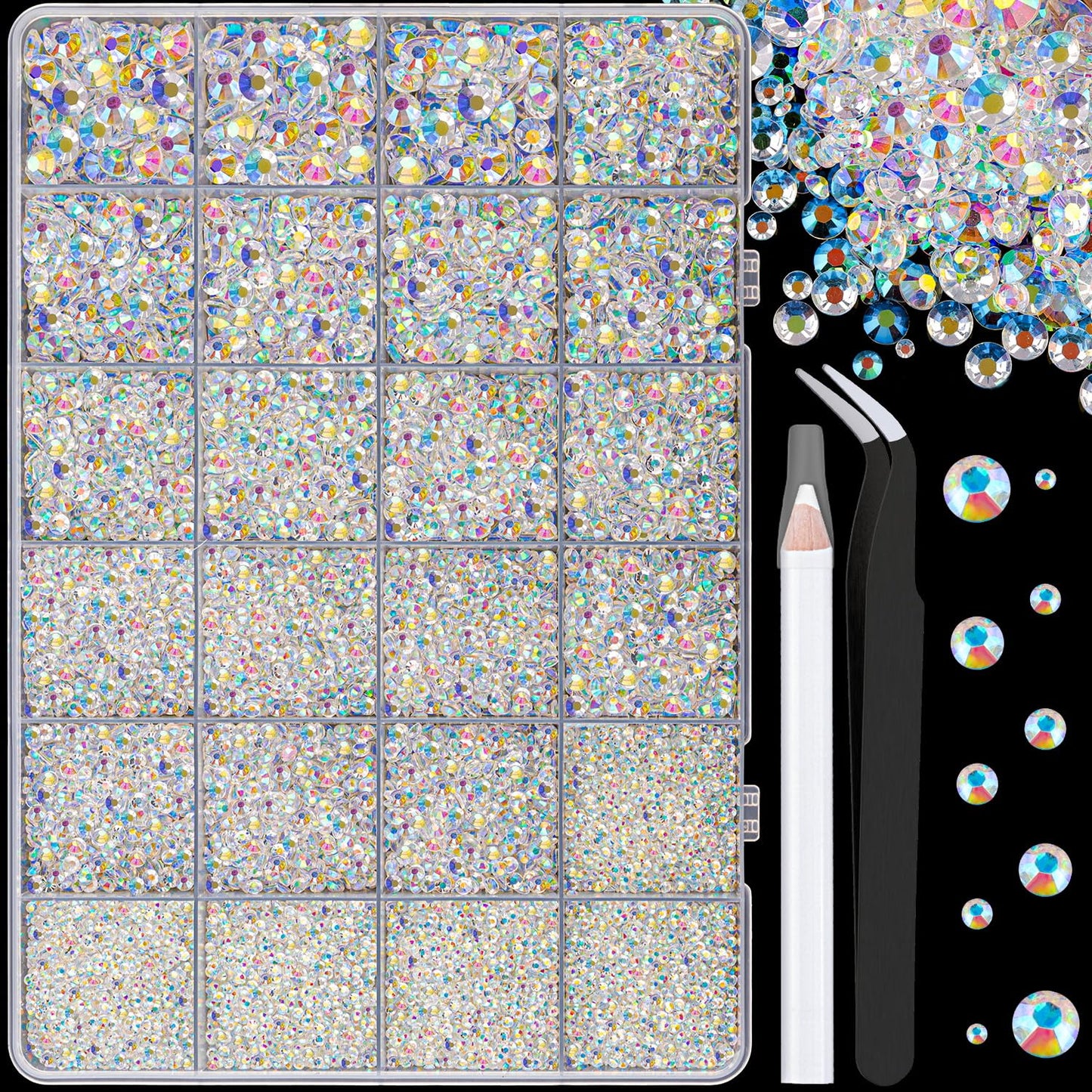 Resin Rhinestones - 32000 Pcs Flatback Gems for Bedazzling | Silver Clear Crystal Kit with 3 Pcs B7000 Glue for Nail Art & Crafts