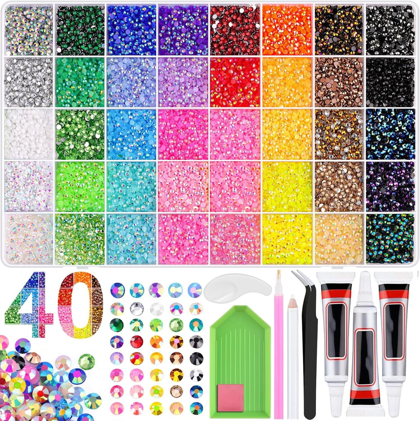 Bedazzling Rhinestones Kit - 33,000 Pcs 3mm Flatback Gems with Glue, Tweezers & Sorting Tray for Nail Art & Crafting