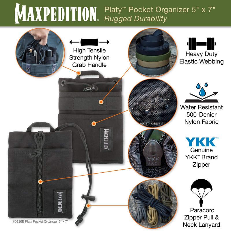 MAXPEDITION Platy Pocket Organizer, Durable EDC Tool Pouch for Men, Neck Wallet with Paracord Lanyard, Holds Flashlight, Multitool, Pen, Notebook (Black, 5" x 7")