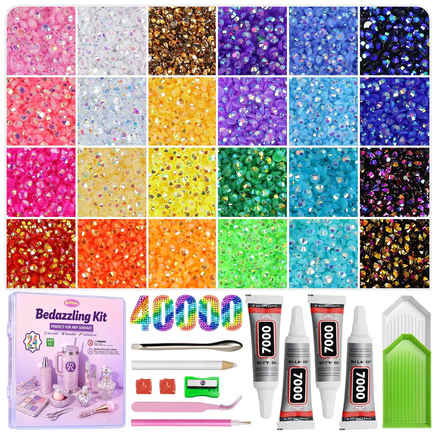 Redtwo 40000Pcs Resin Jelly Rhinestones for Bedazzling, 3mm Multicolor Flatback Rhinestones, Bedazzling Kit with 4Pcs Jewelry Glue and Tools, Bedazzler Kit for Crafting Book Clothes Makeup Shoes