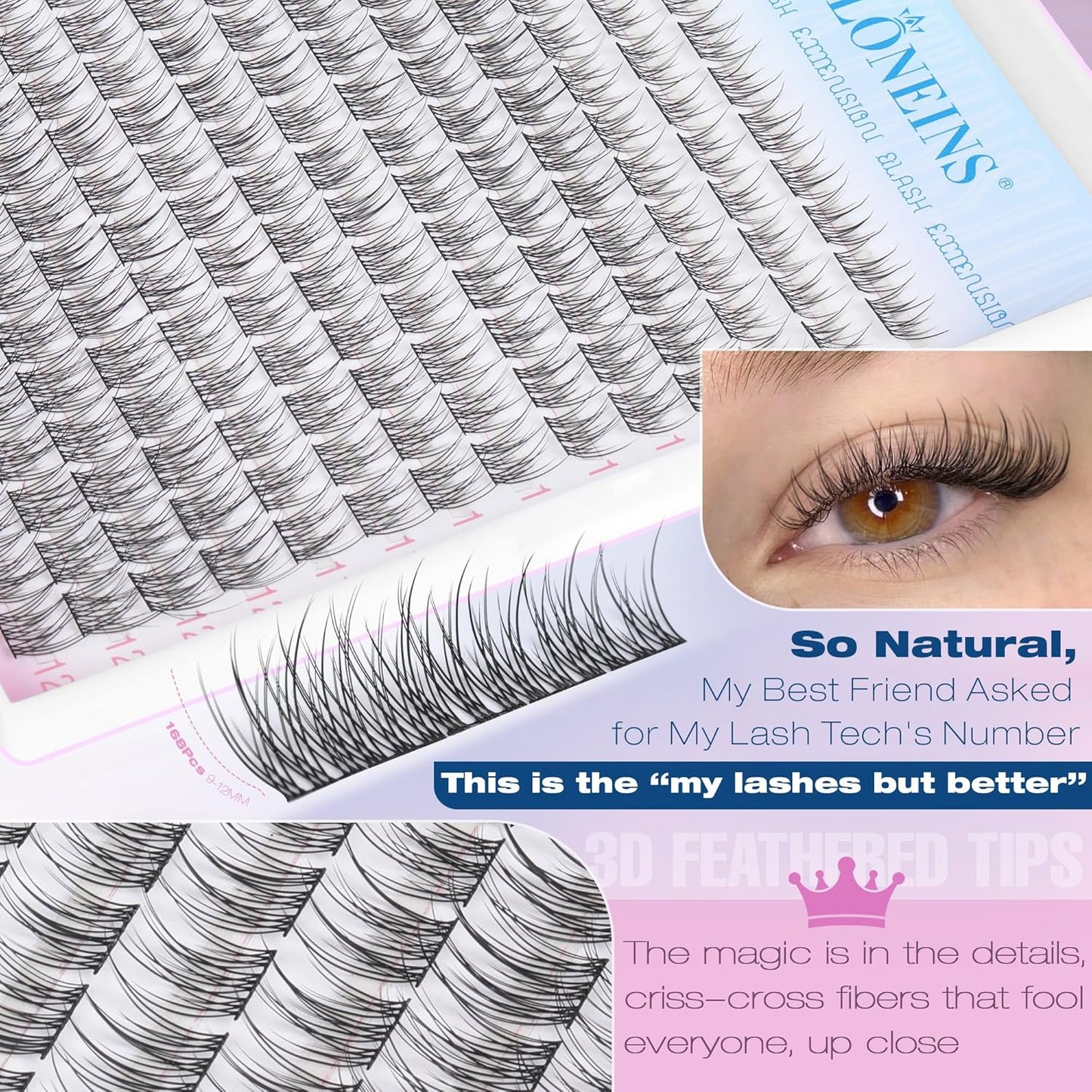 Natural Lash Extension Kit - 168Pcs Wispy Individual Lashes 9-12MM | Bond, Seal Glue & Tweezers for DIY Home Use