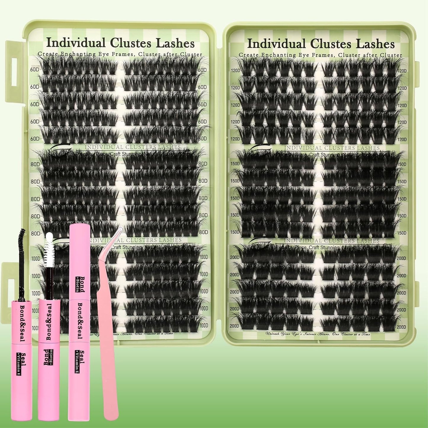 Lash Extension Kit - 640 Pcs Volume C Curl Eyelash Clusters | DIY Cluster Extensions with Bond & Tweezers