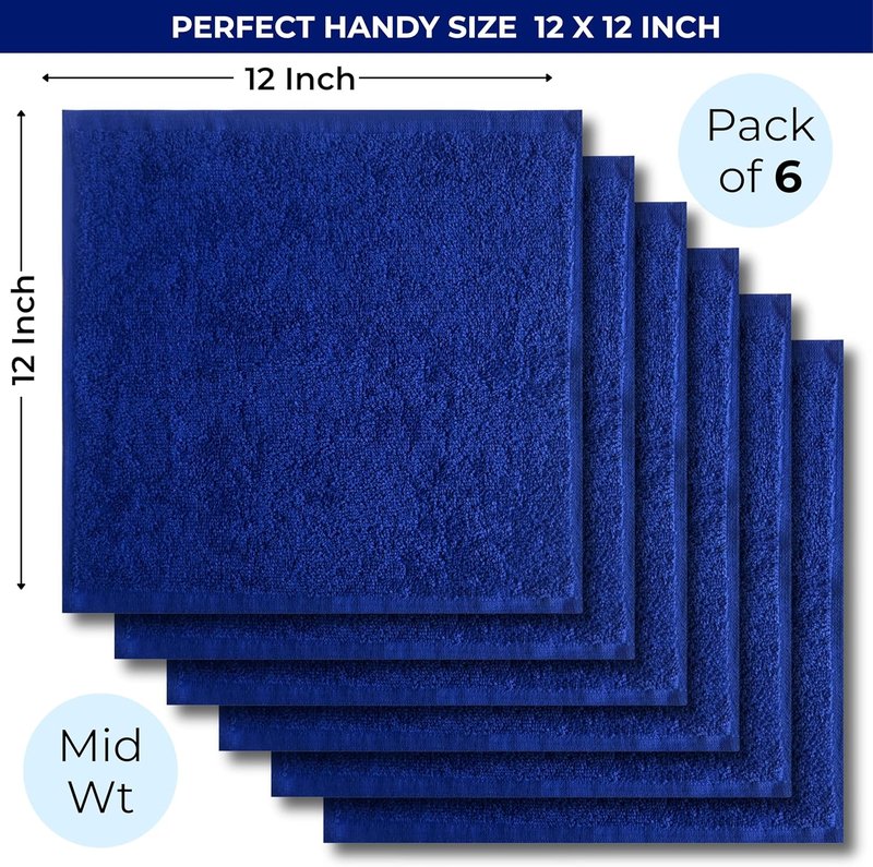 Navy Blue Cotton Wash Cloths - Soft Absorbent 12"x12" Bath Rags | 6 Pack for Adults & Kids