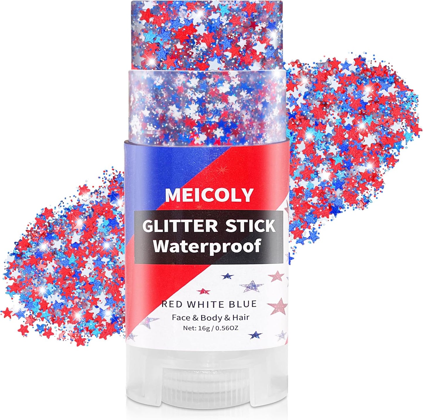 Red White and Blue Star Face Glitter Stick - Waterproof USA Flag Makeup | 4th of July Accessories for Women & Kids